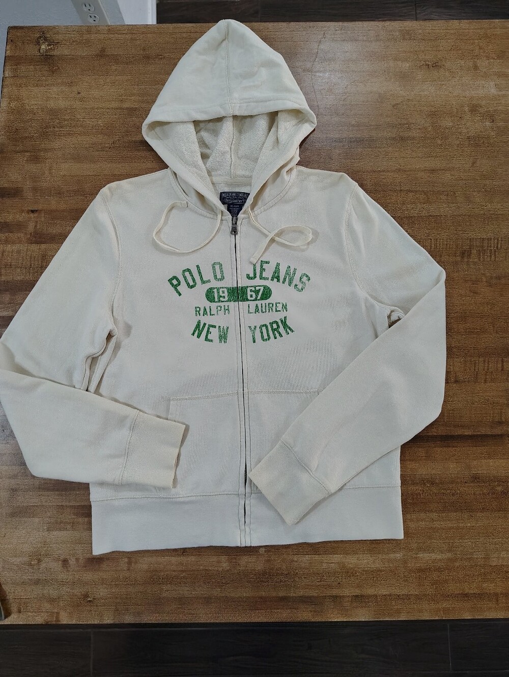 VTG Polo Jeans Company Ralph Lauren Cream Zip-Up Hoodie Green Spell Out Accent